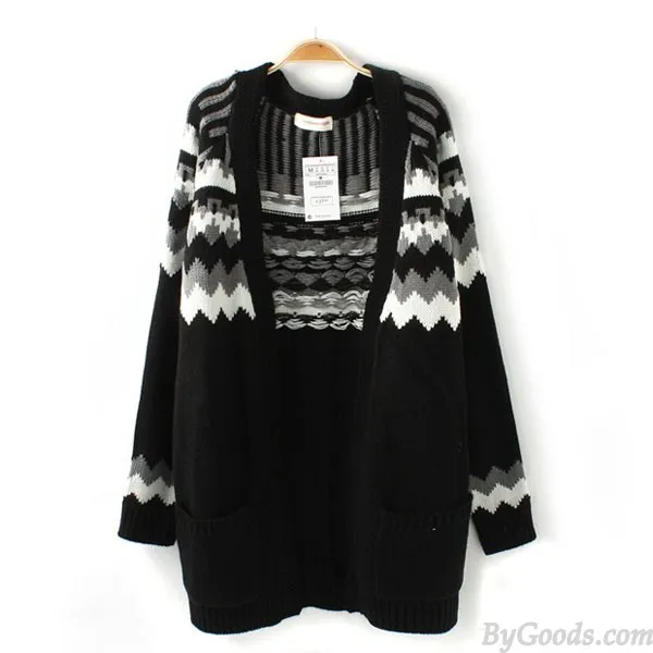 Black Geometric Jacquard Long Cardigan Sweater