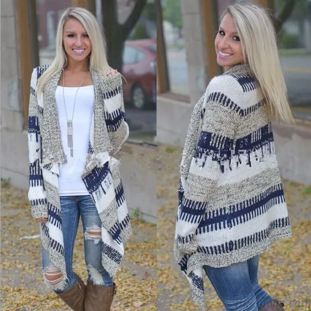  Fashion Mixed Color Irregular Long-sleeved Sweater Knit Cardigan
