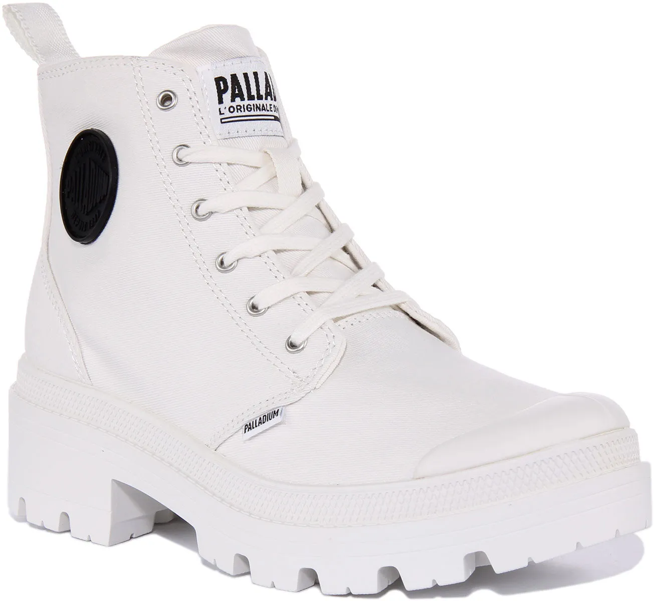 Palladium Pallabase Twill Botín de lona con cordones con cremallera lateral para mujer en blanco
