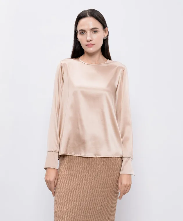 Peserico Beige silk blouse with monil chain