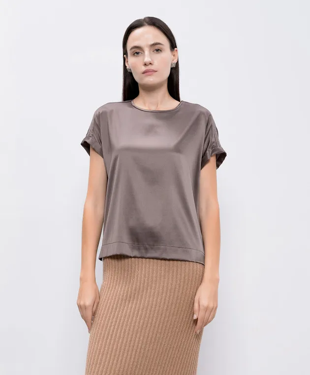 Peserico Brown silk blouse with monil chain