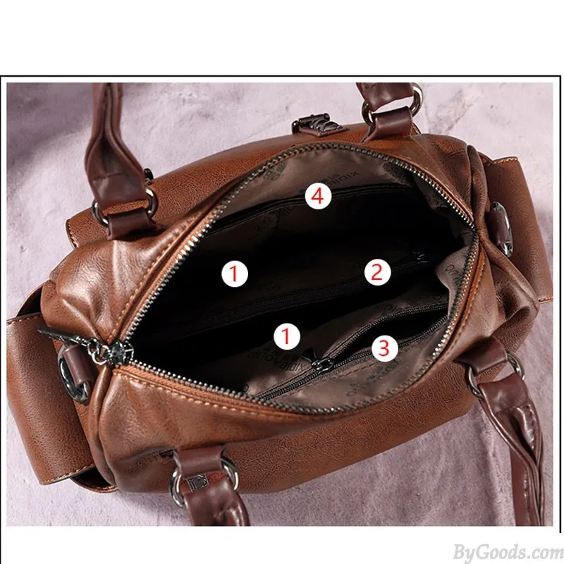 Retro Rivet Double Buckle Leather Tote Satchel Bags Large-Capacity Handbag Handle Handbags Contrast Color Pillow Boston Women's 