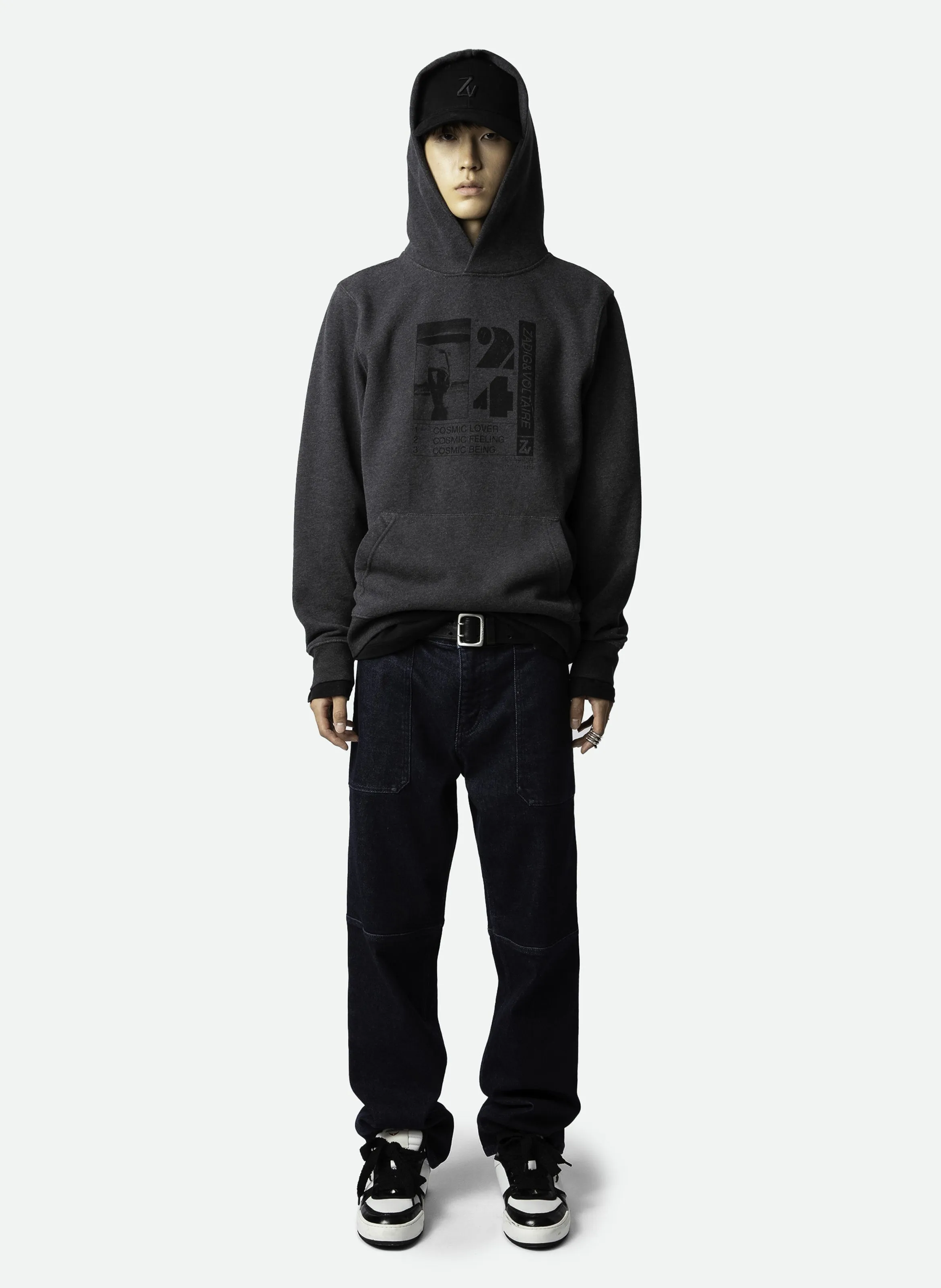 SANCHI - Sudadera con capucha recta de algodón orgánico mezclado serigrafiado en gris